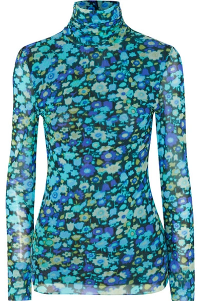 Shop Ganni Floral-print Stretch-mesh Turtleneck Top In Blue