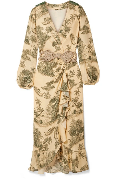 Shop Johanna Ortiz Al Son Del Tambor Embellished Ruffled Printed Silk-crepe Wrap Dress In Ecru