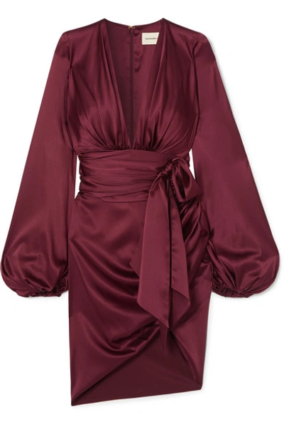 Shop Alexandre Vauthier Ruched Tie-detailed Silk-blend Satin Mini Dress In Burgundy