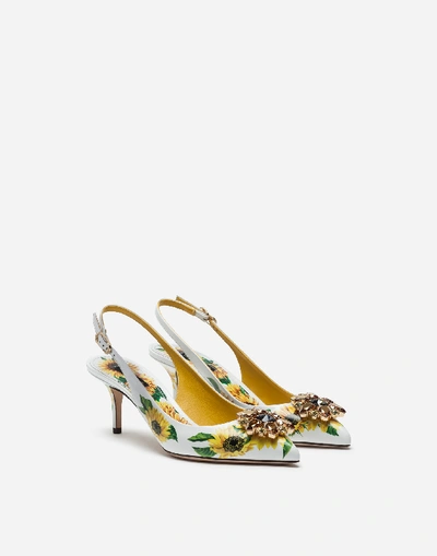 Shop Dolce & Gabbana Sunflower-print Calfskin Slingbacks With Brooch Detail In Floral Print