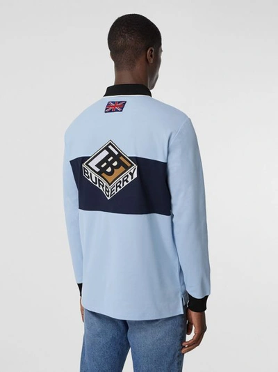 Shop Burberry Long-sleeve Logo Graphic Cotton Piqué Polo Shirt In Pale Blue