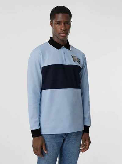 Shop Burberry Long-sleeve Logo Graphic Cotton Piqué Polo Shirt In Pale Blue