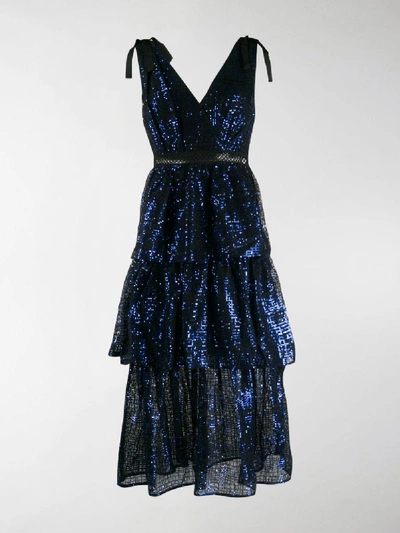 Shop Self-portrait Sequin Embroidered Dress In Blue