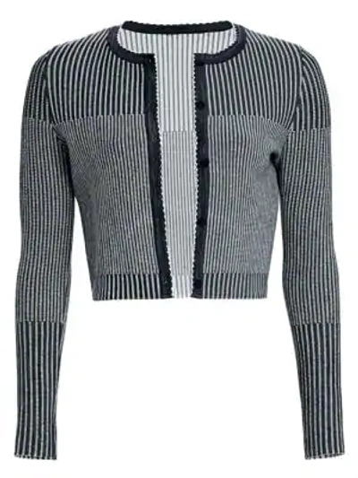 Shop Oscar De La Renta Cropped Knit Cardigan In Navy White