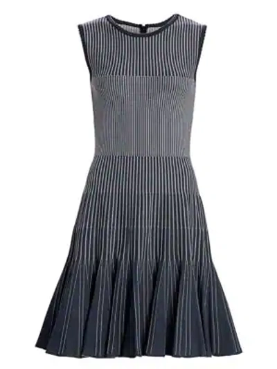 Shop Oscar De La Renta Sleeveless Ribbed Mini Dress In Navy White