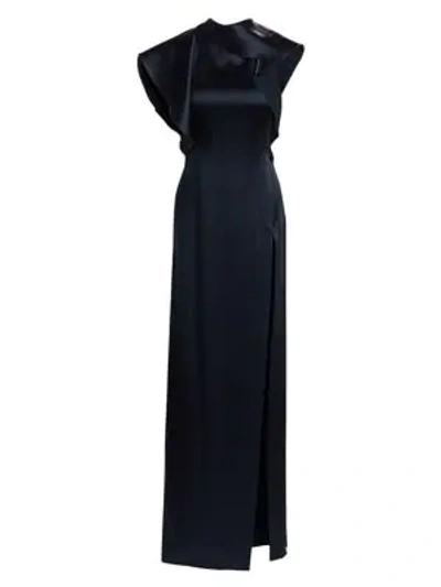 Shop Oscar De La Renta Ruffle Highneck Satin Slit Gown In Navy