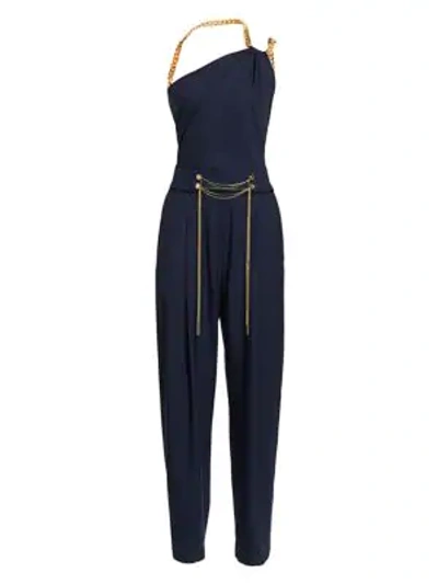 Shop Oscar De La Renta Chain Shoulder Strap Stretch-wool Jumpsuit In Navy