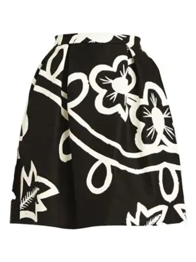 Shop Carolina Herrera Pleated Floral Poplin Skirt In Black White