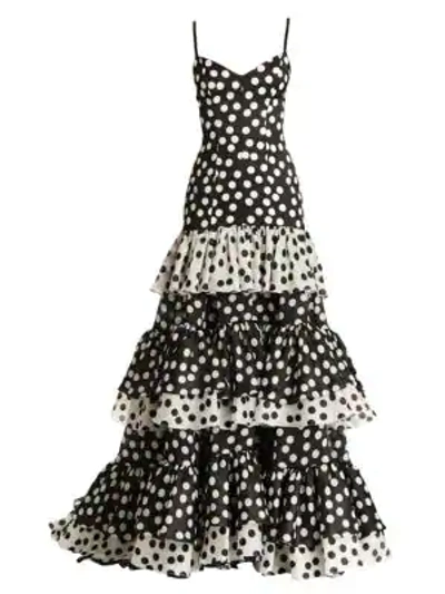 Shop Carolina Herrera Polka Dot Tiered Mermaid Gown In Black White