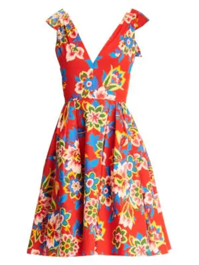 Shop Carolina Herrera Floral Bow-shoulder Fit-&-flare Dress In Red Multi