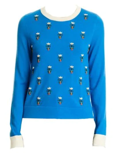 Shop Carolina Herrera Embellished Cashmere & Silk Knit Sweater In Cerulean Multi