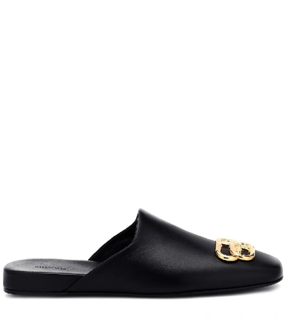 Shop Balenciaga Cosy Bb Leather Slippers In Black/gold