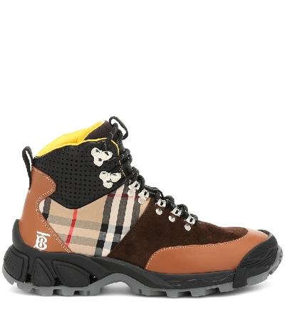 Shop Burberry Archive Check Leather Ankle Boots In Beige