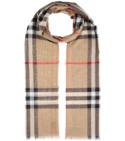 Shop Burberry Checked Wool And Silk Scarf In Archive Biege