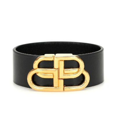 Shop Balenciaga Bb Leather Bracelet In Black