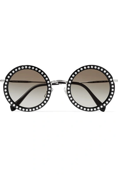 Shop Miu Miu Crystal-embellished Round-frame Acetate And Silver-tone Sunglasses In Black