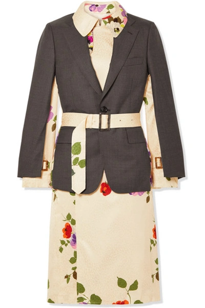 Shop Junya Watanabe Layered Wool And Floral-print Satin-jacquard Jacket In Gray