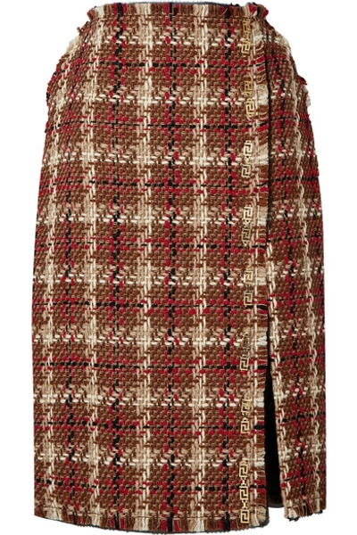 Shop Versace Embellished Wool-blend Tweed Midi Skirt In Brown