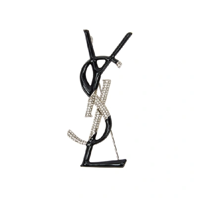 Shop Saint Laurent Black And Silver-tone Brooch