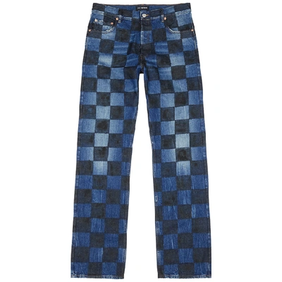 Shop Balenciaga Blue Checked Wide-leg Jeans In Indigo