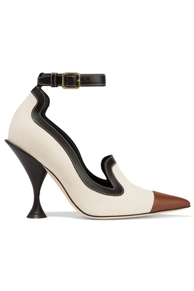 Shop Burberry Leather-trimmed Canvas Pumps In Beige