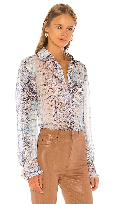 Shop 7 For All Mankind Ruffle Cuff Button Up Top In Pink Snake