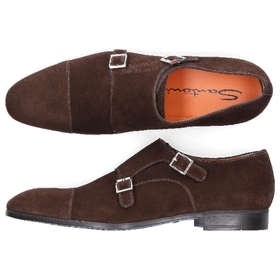 Shop Santoni Monk Shoes 14549 Suede In Brown