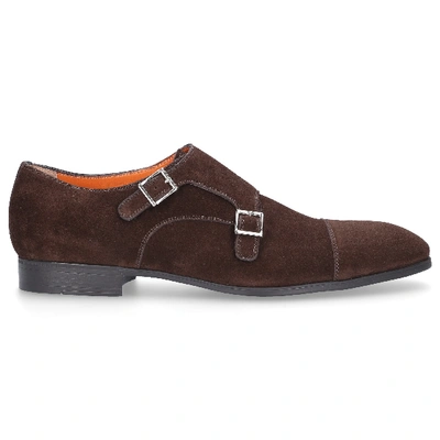 Shop Santoni Monk Shoes 14549 Suede In Brown