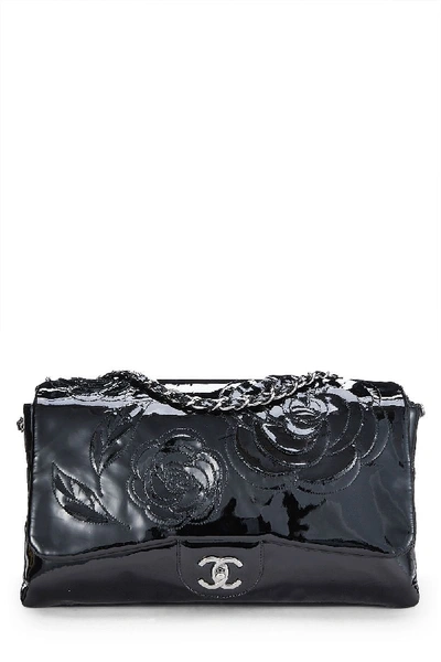 Pre-owned Chanel Black Patent Leather Camellia Classic Flap Large