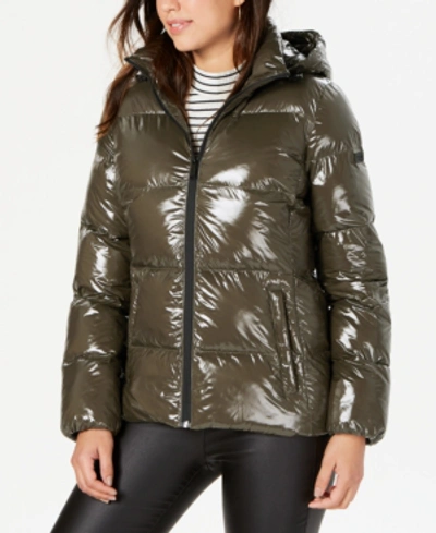 Shop Bcbgeneration Hooded Metallic Puffer Coat In Olive