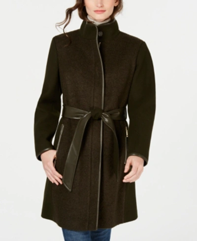 Shop Vince Camuto Twill Wool Faux-leather Trim Coat, Created For Macy's In Loden