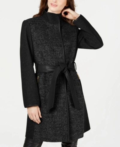 Shop Vince Camuto Twill Wool Faux-leather Trim Coat, Created For Macy's In Black