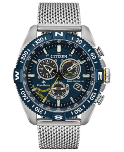 Shop Citizen Eco-drive Men's Chronograph Promaster Blue Angels Navihawk Stainless Steel Mesh Bracelet Watch 44mm In Silver