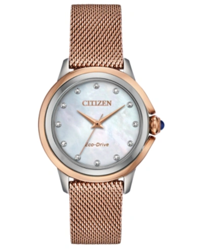 Shop Citizen Eco-drive Women's Ceci Diamond-accent Pink Gold-tone Stainless Steel Mesh Bracelet Watch 32mm In Rose Gold