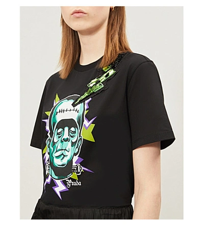 Shop Prada Frankenstein Graphic-print Cotton-jersey T-shirt In Nero Menta