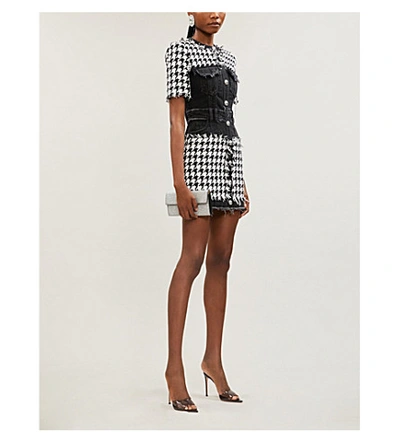 Shop Balmain Houndstooth Denim And Tweed Mini Dress In Noir/ Blanc