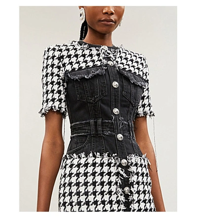 Shop Balmain Houndstooth Denim And Tweed Mini Dress In Noir/ Blanc