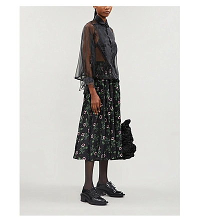 Shop Valentino High-waist Pleated Floral-print Silk Midi Skirt In Black Multi Rose