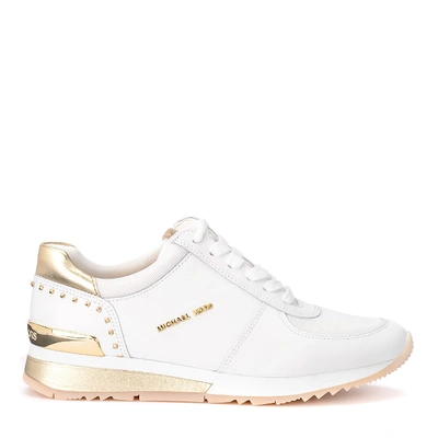Shop Michael Kors Allie Sneaker In White Leather With Gold Details In Bianco