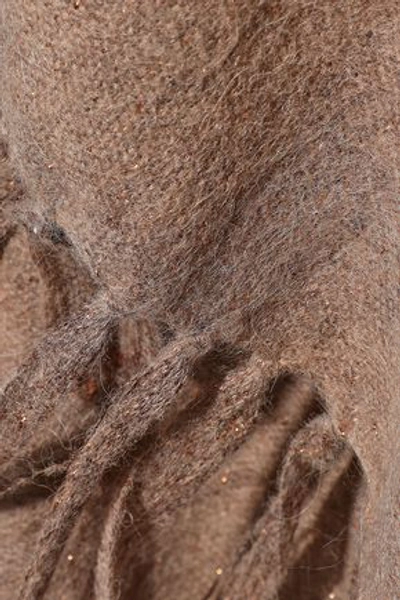 Shop Brunello Cucinelli Tassel-trimmed Metallic Brushed Knitted Wrap In Tan