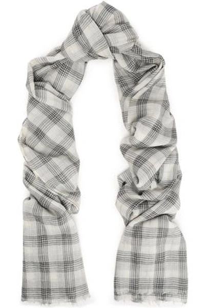 Shop Brunello Cucinelli Woman Frayed Checked Cashmere-blend Scarf Light Gray