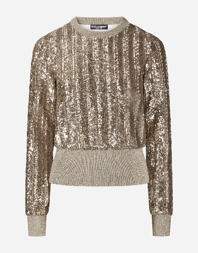 Shop Dolce & Gabbana Silk Crew Neck Sweater With Micro Sequins In Gold