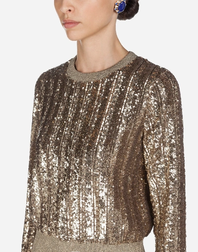 Shop Dolce & Gabbana Silk Crew Neck Sweater With Micro Sequins In Gold
