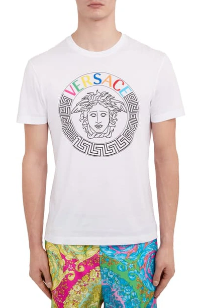 Shop Versace Multicolored Embroidered Logo T-shirt In Optical White