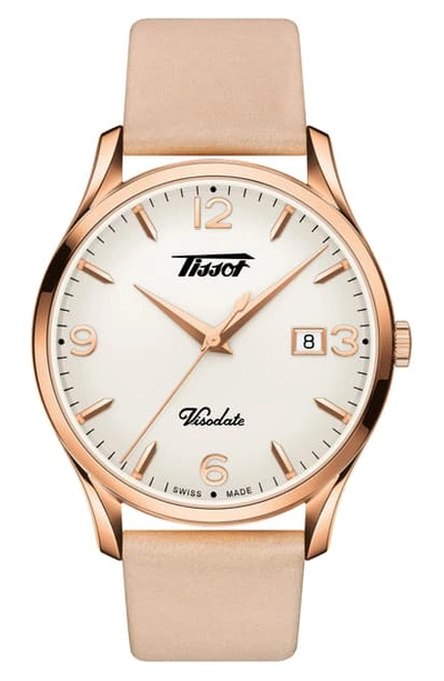 Shop Tissot Heritage Visodate Leather Strap Watch, 40mm In Pink/ White/ Rose Gold