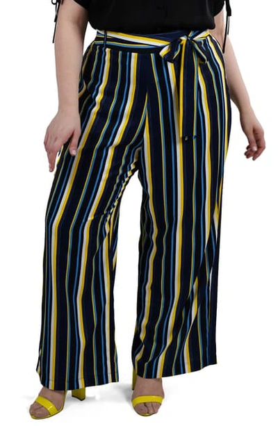Shop Maree Pour Toi Stripe Wide Leg Pants In Black/ Cobalt/ Yellow