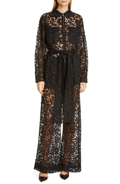 Shop Valentino Zip Front Lace Jumpsuit In Nero
