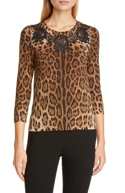 Shop Dolce & Gabbana Lace Inset Leopard Print Wool Blend Sweater