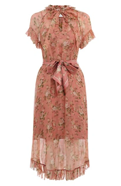 Shop Zimmermann Espionage Frilled Floral Print Silk Midi Dress In Rosewood Floral