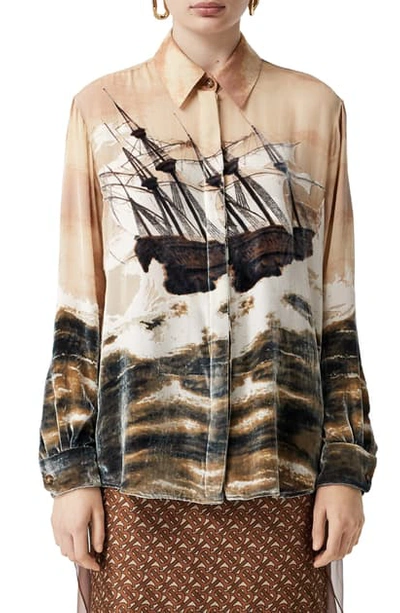 Shop Burberry Print Velvet & Chiffon Shirt In Bronze